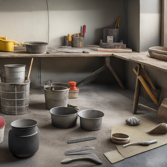 A photograph of a well-organized concrete overlay workspace, featuring a variety of tools including trowels, edgers, and mixing buckets, with a partially completed decorative concrete floor in the background.