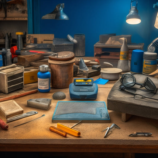 A cluttered workbench with various engraving tools, including a Dremel, carbide-tipped engraving bits, a stencil kit, and a concrete test slab with sample engravings, surrounded by scattered concrete dust and safety goggles.