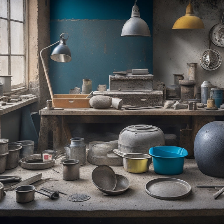 A cluttered workshop table with various tools and materials, including a cement mixer, trowels, gauging trowels, edgers, and buckets of aggregate, surrounded by concrete samples in different finishes and colors.