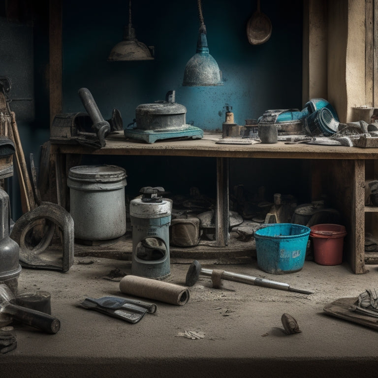 A cluttered workshop backdrop with various concrete grinding and smoothening tools arranged on a workbench, including angle grinders, sanders, and trowels, surrounded by concrete dust and scraps.