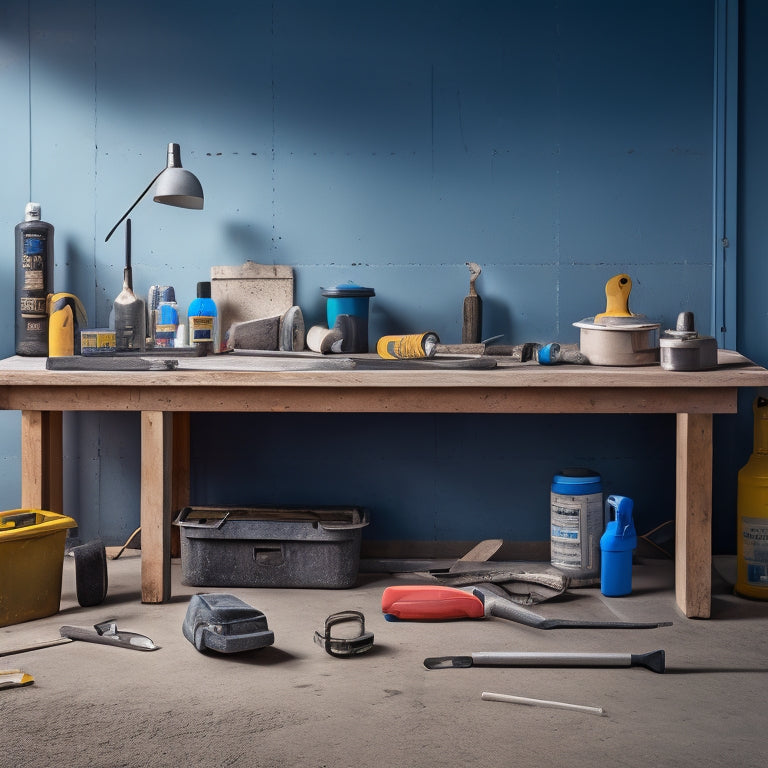 A photograph of a workbench with various concrete wall sealing tools, including a caulk gun, spray bottle, roller extension pole, and trowel, arranged neatly alongside a partially sealed concrete wall.