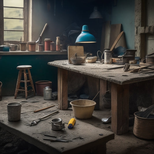 A cluttered workshop table with a cracked concrete wall in the background, surrounded by scattered tools like a hammer, chisel, trowel, level, and mixing bucket, with a half-repaired crack in the foreground.