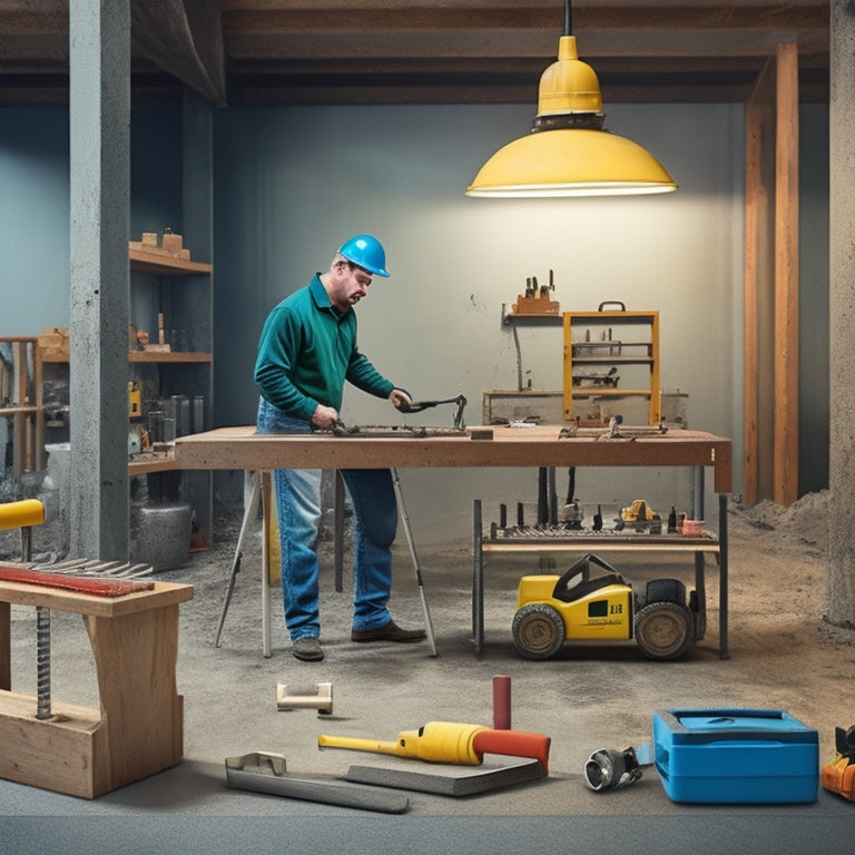 An illustration of a person standing in front of a workbench, surrounded by various concrete leveling tools, including a spirit level, tamping tool, and laser level, with a subtle background of a concrete floor or slab.