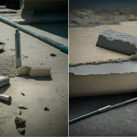 A split-screen image featuring a cracked, crumbling concrete surface on the left, contrasting with a strong, bonded concrete joint on the right, showcasing various tools and materials in the background.