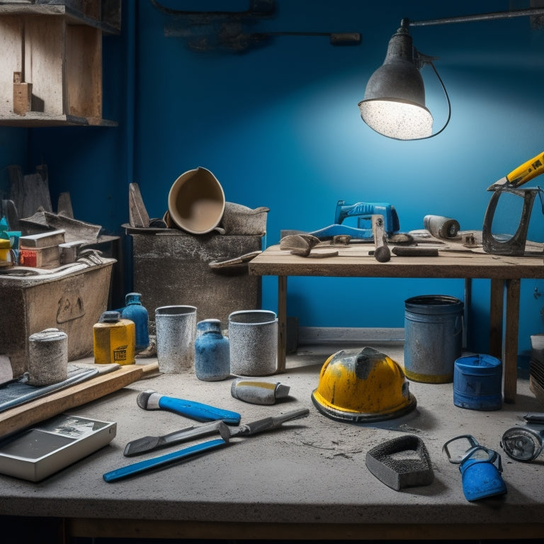 A cluttered workshop table with a variety of DIY concrete tools, including a mixing bucket, trowel, level, gloves, and a power drill, surrounded by concrete samples and scattered blueprints.