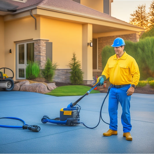 A photograph of a professional contractor holding a specialized concrete sealer applicator gun, with a blurred background of a newly sealed driveway or garage floor, surrounded by various tools and equipment.