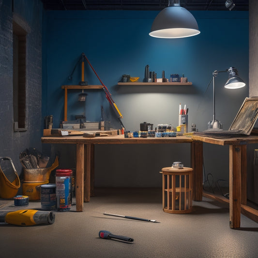 A well-lit, organized workspace featuring a variety of high-quality concrete painting tools, including a roller extension pole, paint tray, angled brushes, and a grinder, on a clean, gray concrete floor.