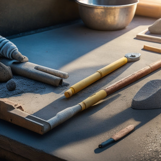 Close-up of rugged concrete finishing tools with durable handles, showcasing various textures and materials. Include hands gripping the tools, surrounded by freshly poured concrete, sunlight casting shadows on the surface.