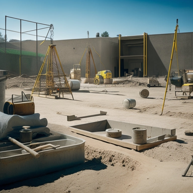 A clutter-free construction site with a partially poured concrete slab, featuring a level, tamping tool, spirit level, and a cement mixer in the background, surrounded by stakes and twine.