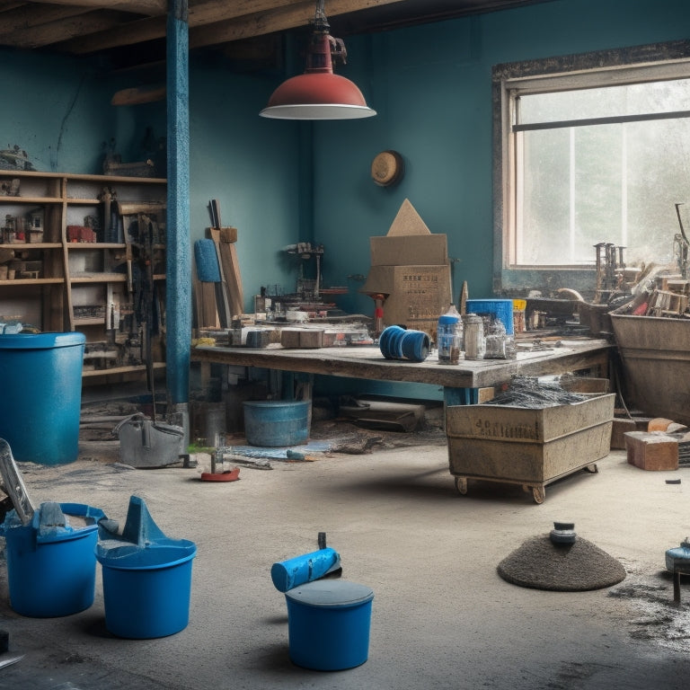 A cluttered but organized workshop with a concrete mixer, trowels, floats, edgers, and levels scattered around, with a partially laid concrete floor in the background.