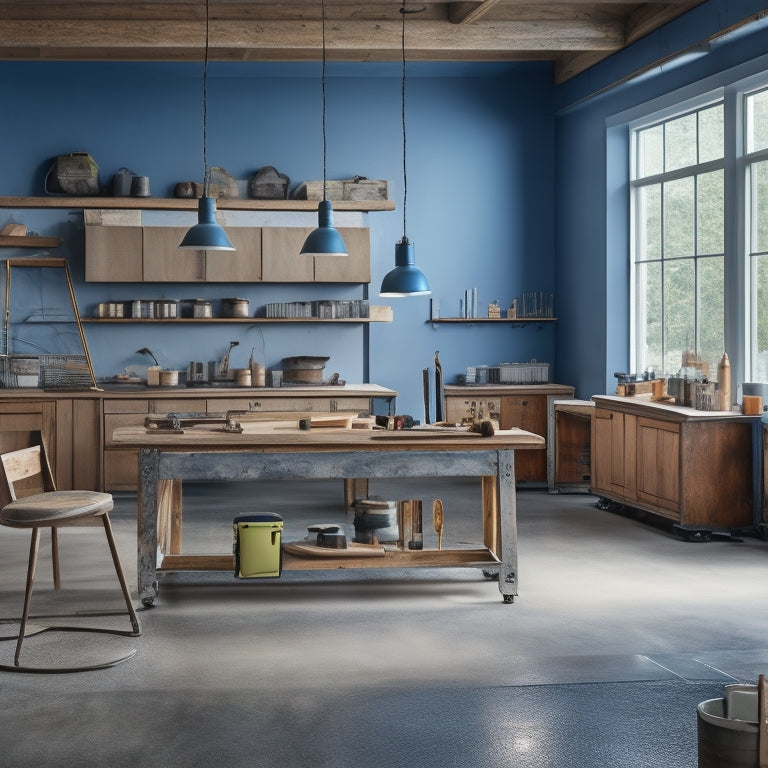 A serene, well-lit interior scene with polished concrete floors, walls, and countertops, featuring a selection of tools and equipment, including trowels, mixers, and grinding machines, arranged artfully on a workbench.