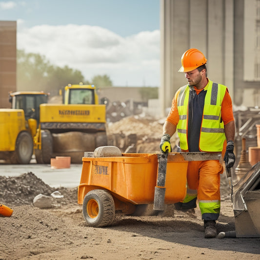 An illustration of a worker in a bright orange vest, holding a jackhammer, surrounded by broken concrete, with a dumpster and a wheelbarrow in the background, amidst a construction site.