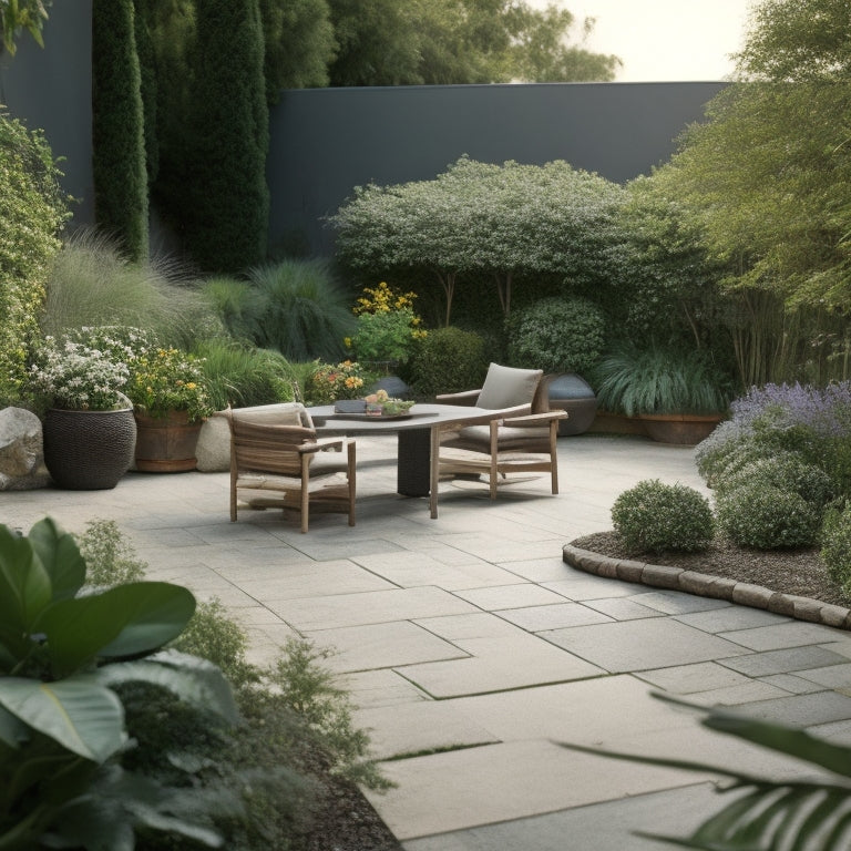 A serene outdoor setting with a neatly edged concrete block patio, featuring a mix of straight and curved lines, surrounded by lush greenery, with a few strategically placed gardening tools.