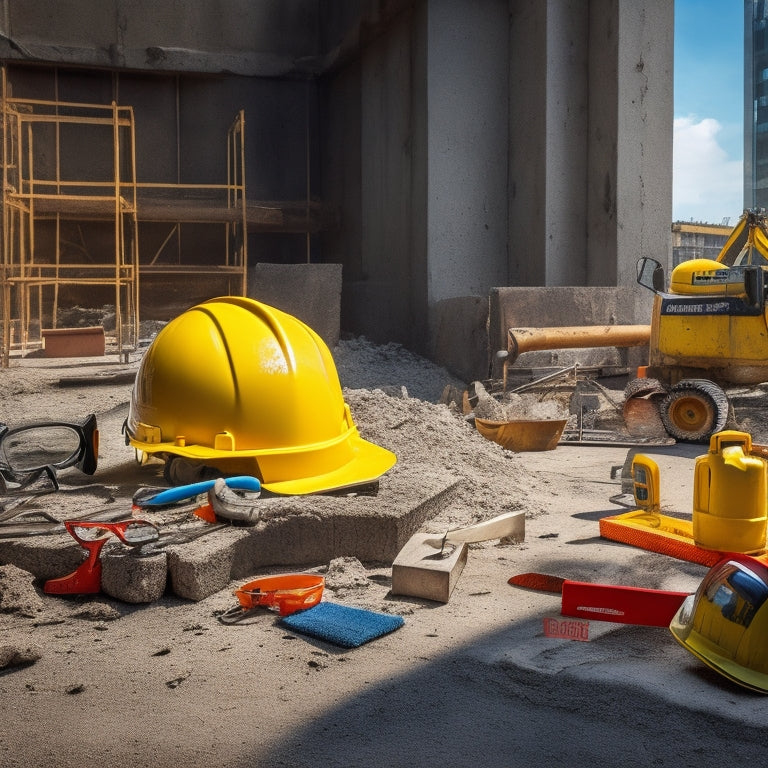 A cluttered concrete construction site with a yellow hard hat, orange vest, and safety goggles on a makeshift table, surrounded by scattered tools, warning signs, and a partially built concrete structure in the background.