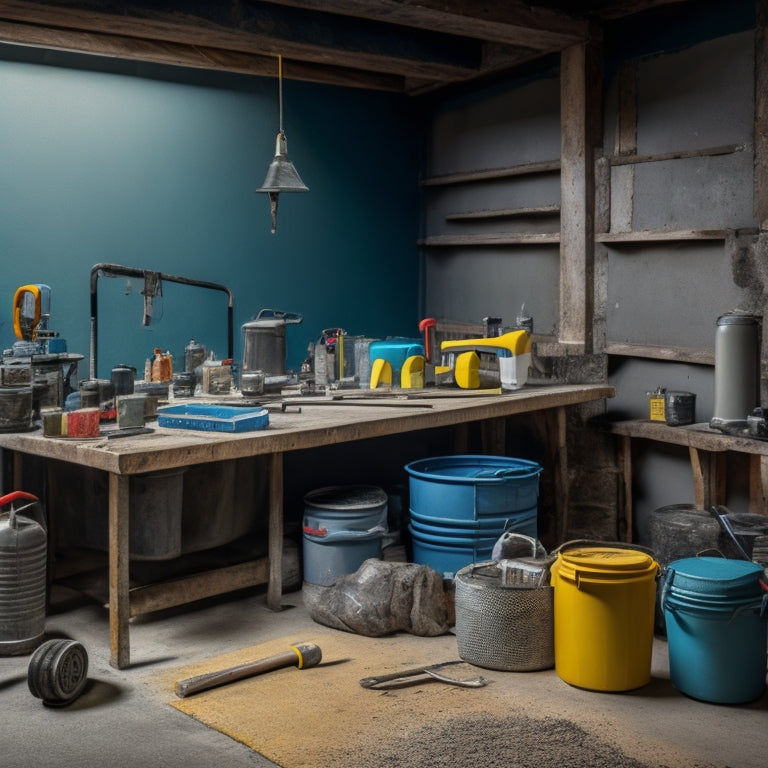 A cluttered workshop table with a variety of tools, including a concrete sealer sprayer, a roller extension pole, a pressure washer, and a stack of concrete sealer buckets, surrounded by concrete slabs and rough-textured walls.