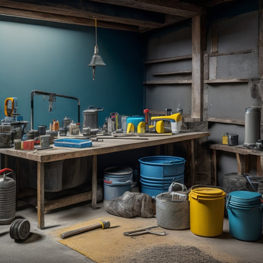 A cluttered workshop table with a variety of tools, including a concrete sealer sprayer, a roller extension pole, a pressure washer, and a stack of concrete sealer buckets, surrounded by concrete slabs and rough-textured walls.