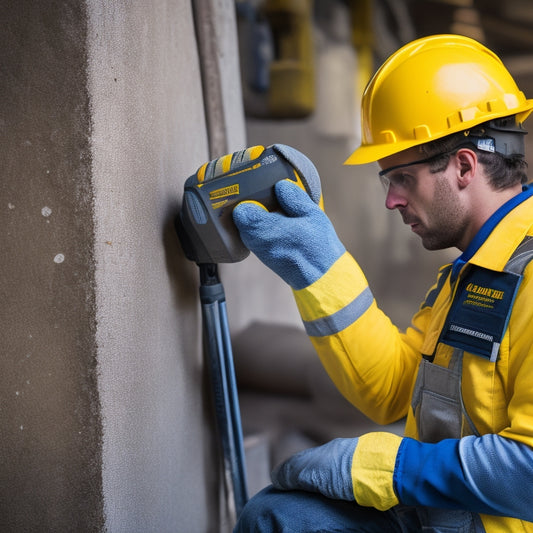 A close-up of a person in a yellow hard hat, wearing gloves, and holding a handheld scanner, with a concrete wall in the background, surrounded by various tools and equipment.