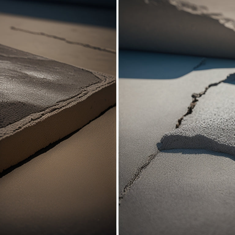 A split-screen image featuring a cracked concrete surface on one side and a strong, bonded concrete surface on the other, with visible bonding agents, primer, and finishing tools in the background.