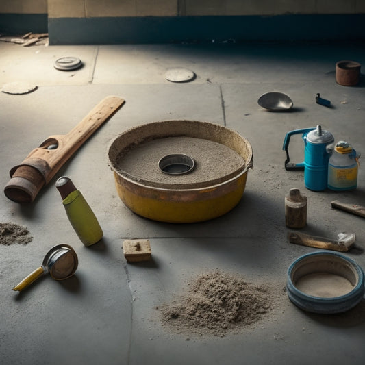 A worn, cracked concrete floor with a small, well-repaired patch in the center, surrounded by various tools including a trowel, scraper, and mixing bucket, with a subtle hint of a construction background.