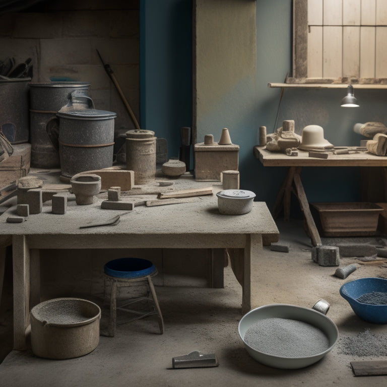 A cluttered but organized workshop table with various DIY concrete tile-making tools, including a mixer, trowel, level, and molds, surrounded by scattered concrete dust and half-finished tiles.