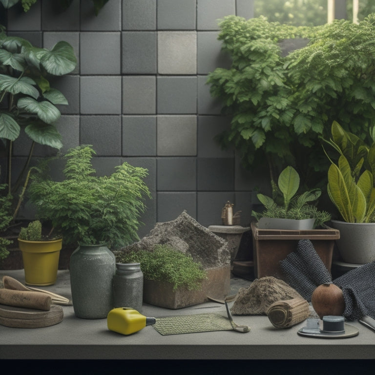 An image of a well-organized workspace with a concrete block wall under construction, featuring a level, trowel, gloves, and a mix of gray and brown blocks, surrounded by lush greenery.