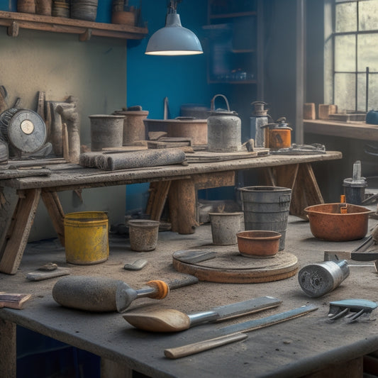 A cluttered workshop background with a variety of concrete tools scattered on a workbench, including trowels, edgers, floats, and mixers, with a few tools highlighted in a spotlight, surrounded by subtle concrete texture and faint construction blueprints.