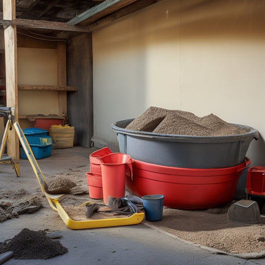 A cluttered construction site with a mixing bucket, shovel, trowel, level, and safety gloves scattered around, amidst a backdrop of concrete bags, water hose, and a wheelbarrow.