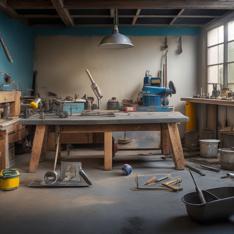 A cluttered workshop background with a central workbench, surrounded by various concrete finishing tools, including a trowel, edger, float, and level, with a partially finished concrete slab in the foreground.