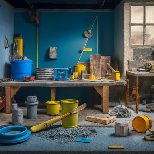 A cluttered but organized workshop with various DIY concrete tools, including a mixing bucket, trowel, level, safety goggles, and a spirit level, surrounded by concrete blocks, and a partially finished concrete project.