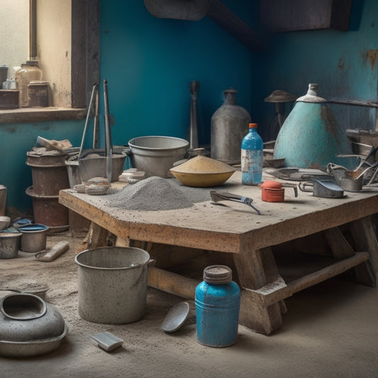 A cluttered workshop table with various concrete mixing tools scattered around, including a rusty mixing bucket, a worn trowel, a concrete mixer, and a level, surrounded by scattered concrete mix and water spills.