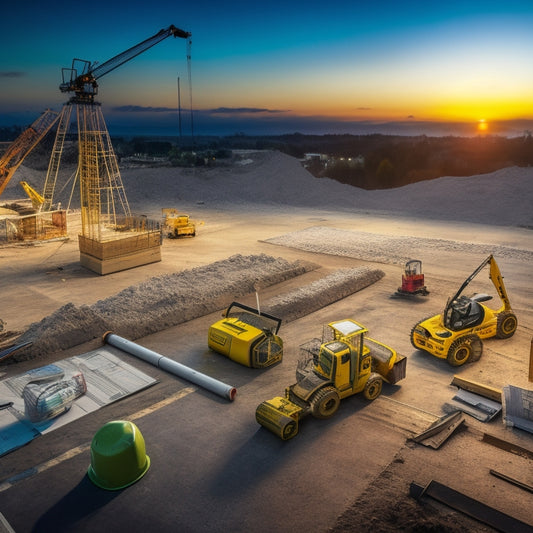 A dramatic, high-angle shot of a construction site at dusk, with three prominent tools – a rotary hammer, a screed board, and a laser level – arranged on a partially built concrete wall, surrounded by scattered blueprints and safety gear.