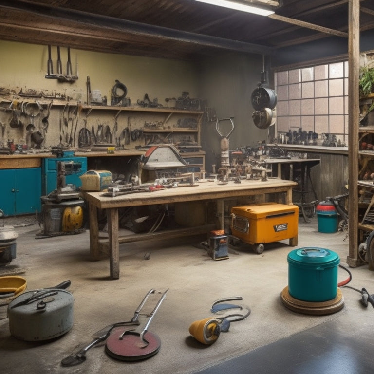 A cluttered workshop with a concrete floor, surrounded by various tools and equipment, including a floor grinder, edger, and polisher, with a partially refinished floor in the background.