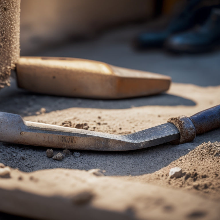 A worn, rusty trowel lies beside a well-maintained, shiny one, surrounded by concrete dust, with a blurred background of a construction site, highlighting the importance of tool maintenance.