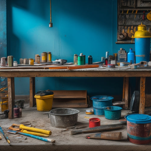 A cluttered workshop table with a partially painted concrete wall in the background, surrounded by various tools like rollers, brushes, trays, sandpaper, and a bucket of paint.