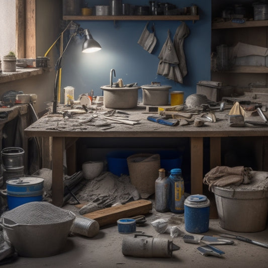 A cluttered workbench with various tools and materials, including a caulk gun, trowel, mixing bucket, and bags of quick-set concrete, surrounded by cracked and broken concrete samples.