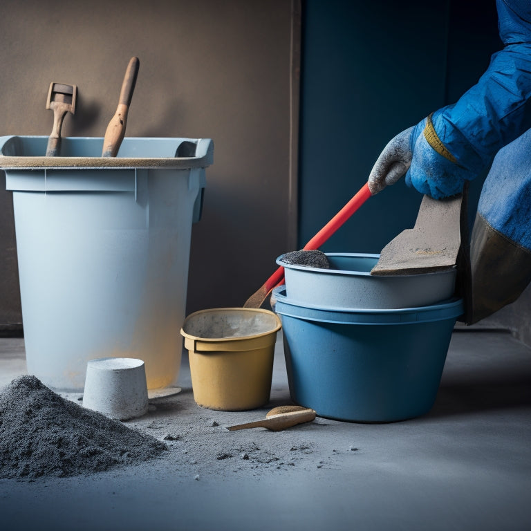 A close-up of a person in a hard hat and gloves holding a power trowel, surrounded by concrete mixing buckets, resurfacing tools, and a partially refinished wall with a smooth, gray finish.