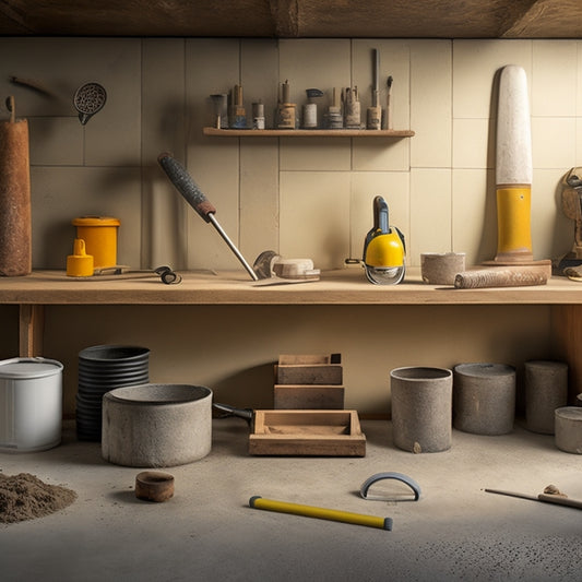 A clutter-free workshop backdrop with a variety of concrete screed tools, including a spirit level, tamping tool, edger, and screed board, arranged in a neat and organized manner, with subtle shadows and soft lighting.