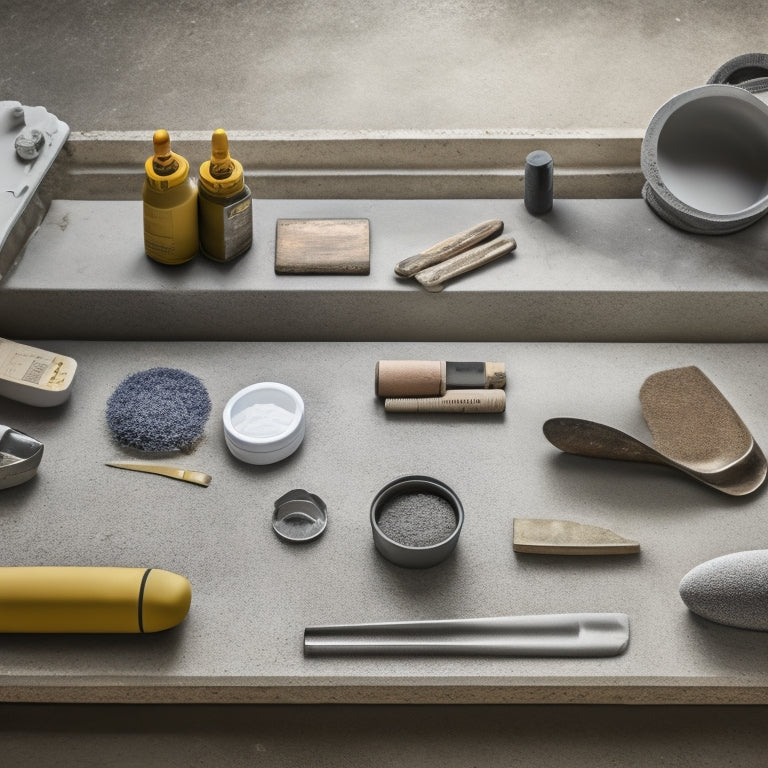 A photograph of a well-organized workspace with various finishing tools, including a trowel, edger, and float, arranged neatly on a freshly poured, smooth concrete surface with subtle sheen.