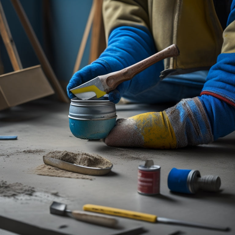 A close-up of a person's hands holding a scraper and a can of paint stripper, surrounded by concrete floor with old, peeling paint and a few scattered tools in the background.