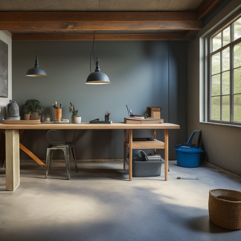 A clutter-free workspace with a freshly poured concrete slab, surrounded by a level, trowel, edger, float, and finishing broom, with a subtle gradient of light to dark grey tones.