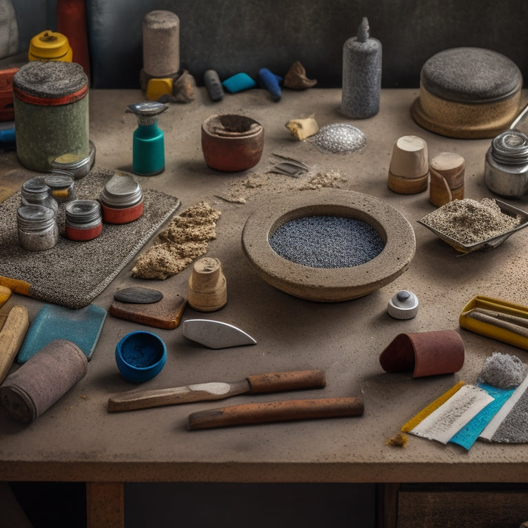 A cluttered workshop table with various decorative concrete tools, including a grinder, trowel, and stamp, surrounded by concrete samples with different textures and patterns.