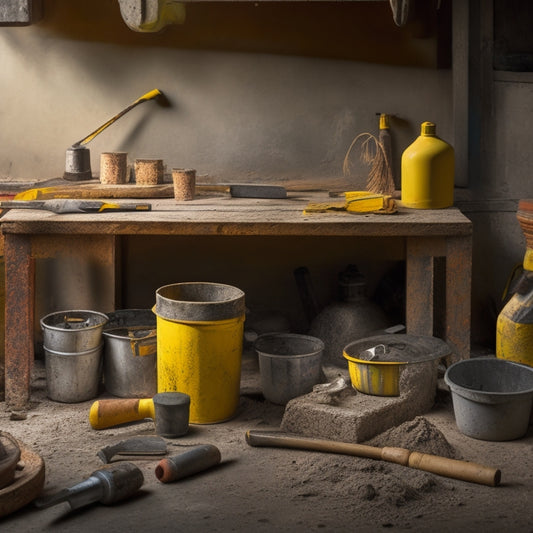 A cluttered workbench with various concrete tools scattered about, including a trowel with worn handle, a level with a yellow stripe, a mixing bucket with a rusty rim, and a drill with a concrete bit attached.