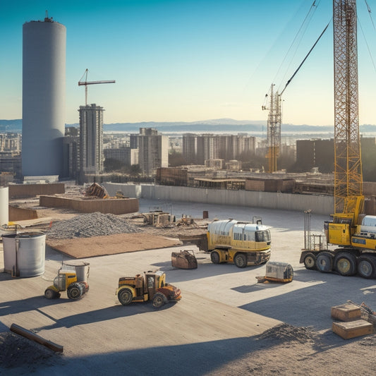 A clutter-free construction site with a concrete mixer, trowels, and level tools arranged neatly on a wooden table, surrounded by a subtle cityscape background with a faint hint of blue sky.