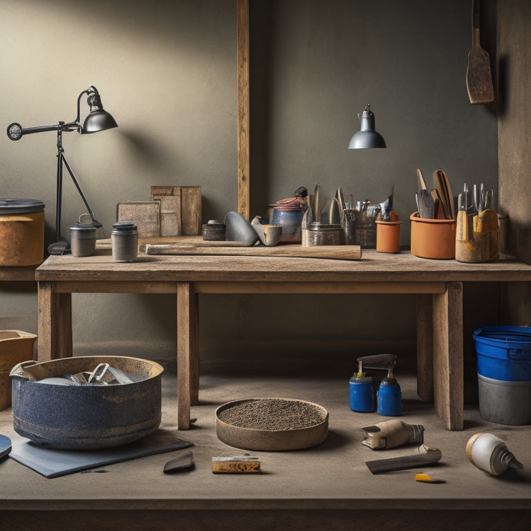 A tidy, well-organized workspace with a variety of hand tools laid out on a wooden table, surrounded by concrete blocks, a level, and a mixing bucket, with a subtle concrete-textured background.