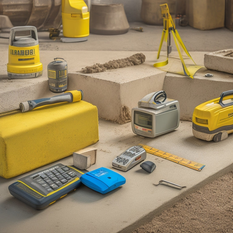 A photograph of a concrete construction site with various measuring tools scattered around, including a laser level, measuring tape, and concrete calculator, surrounded by concrete blocks and mixers.