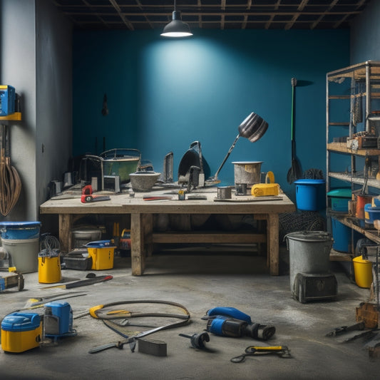 A cluttered workshop scene featuring a concrete floor, surrounded by various tools and equipment, including a mixing bucket, trowel, level, safety goggles, and a power drill, with a faint grid pattern in the background.