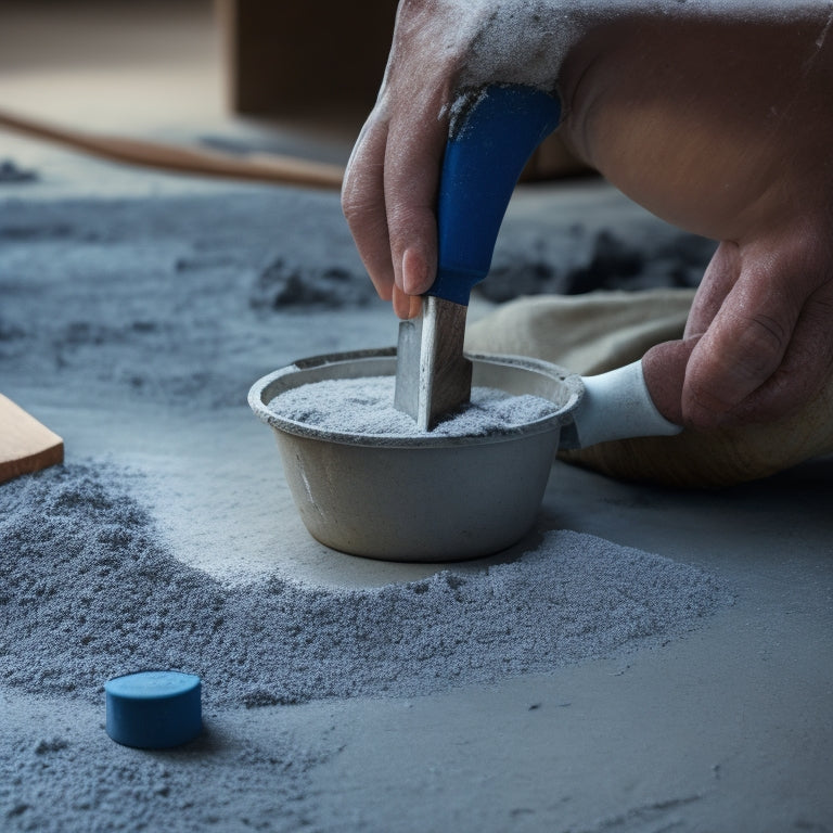 A close-up of a worker's hands holding a trowel, applying a bonding agent to a rough concrete surface, with a bucket of mixed adhesive and a notched trowel in the background.