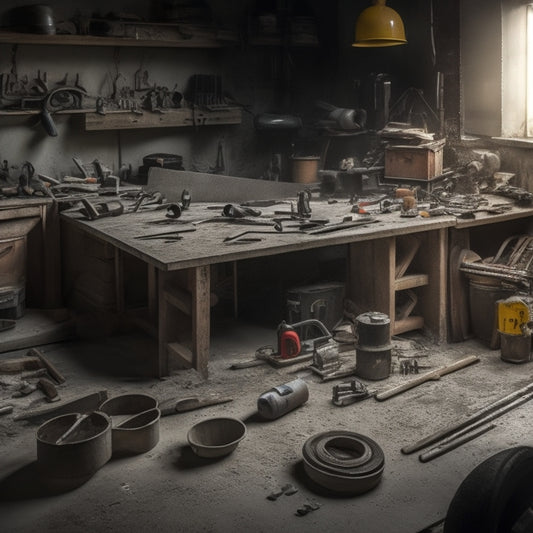 A cluttered workshop with a damaged concrete floor, surrounded by scattered tools and construction materials, with a few top-notch concrete floor repair tools neatly organized on a nearby workbench.