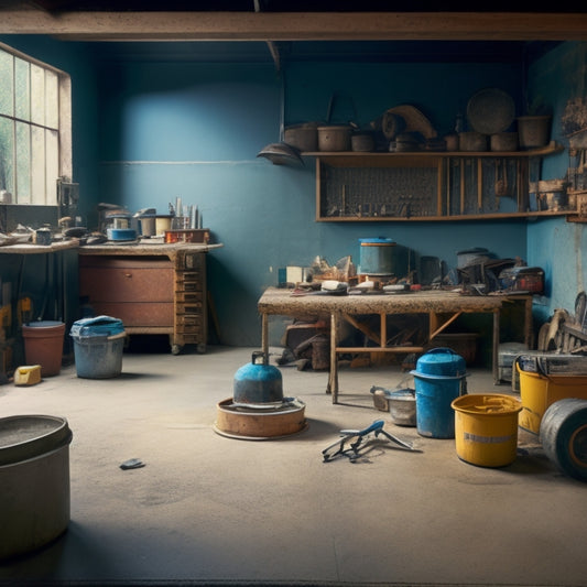 A cluttered workshop with a partially installed concrete floor, surrounded by scattered tools like a mixing bucket, trowel, edger, and level, with a faint grid pattern on the floor.