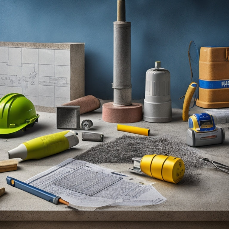 A realistic illustration of a concrete wall with various accurate marking tools scattered around, including a laser level, chalk reel, and precision markers, amidst scattered blueprints and construction hats.